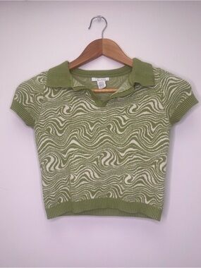Full Tilt Green Swirl Knit Polo Top Y2K Crop Short Sleeve Retro Size M